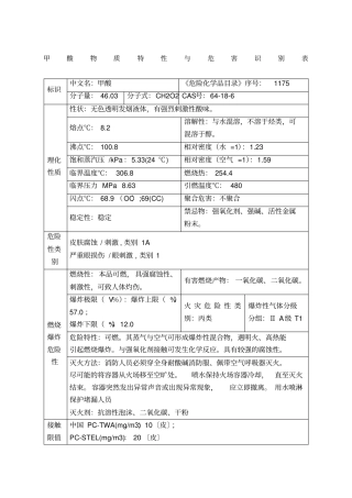 甲酸物质特性与危害识别表