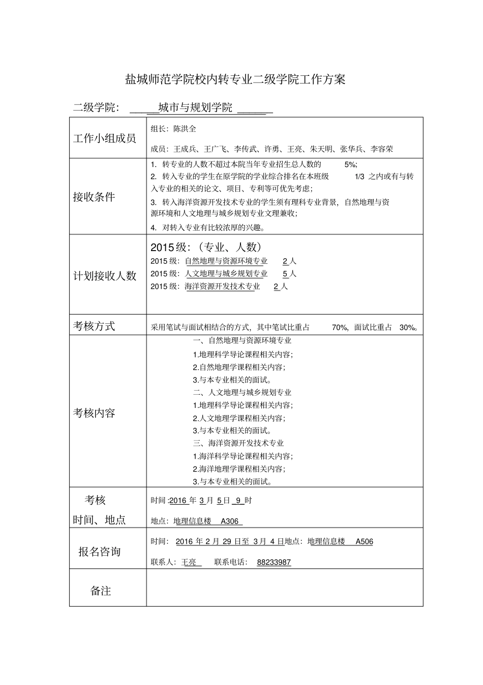 盐城师范学院校内转专业二级学院工作方案_第1页