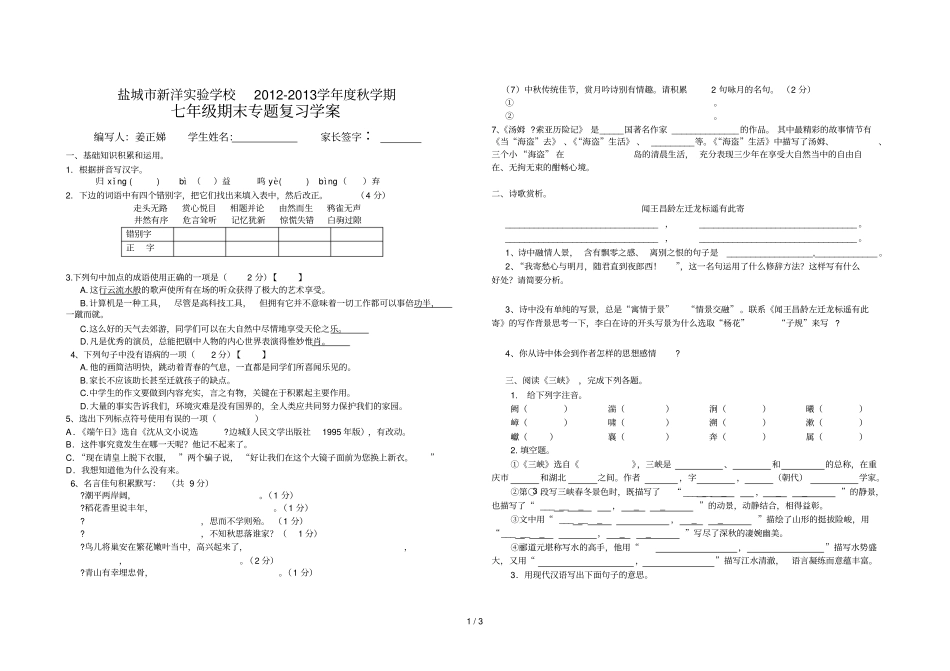 盐城新洋试验学校秋学期七级期末专题复习学案_第1页