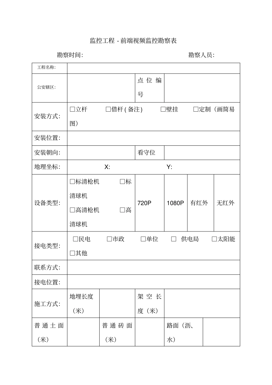 监控工程监控点位勘察表_第1页