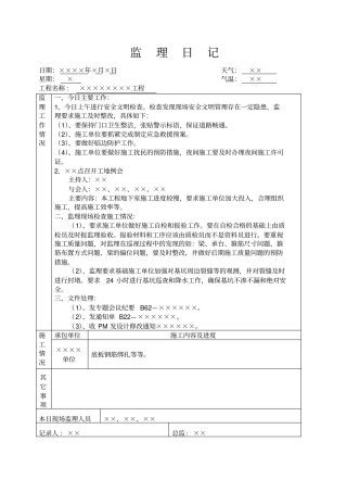 监理日记、平行检查记录、旁站记录样本