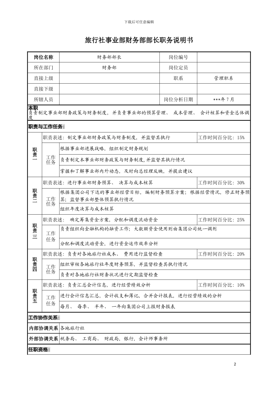 旅行社事业部财务部部长职务说明书模板_第2页