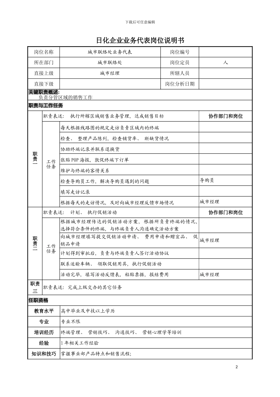日化企业业务代表岗位说明书模板_第2页