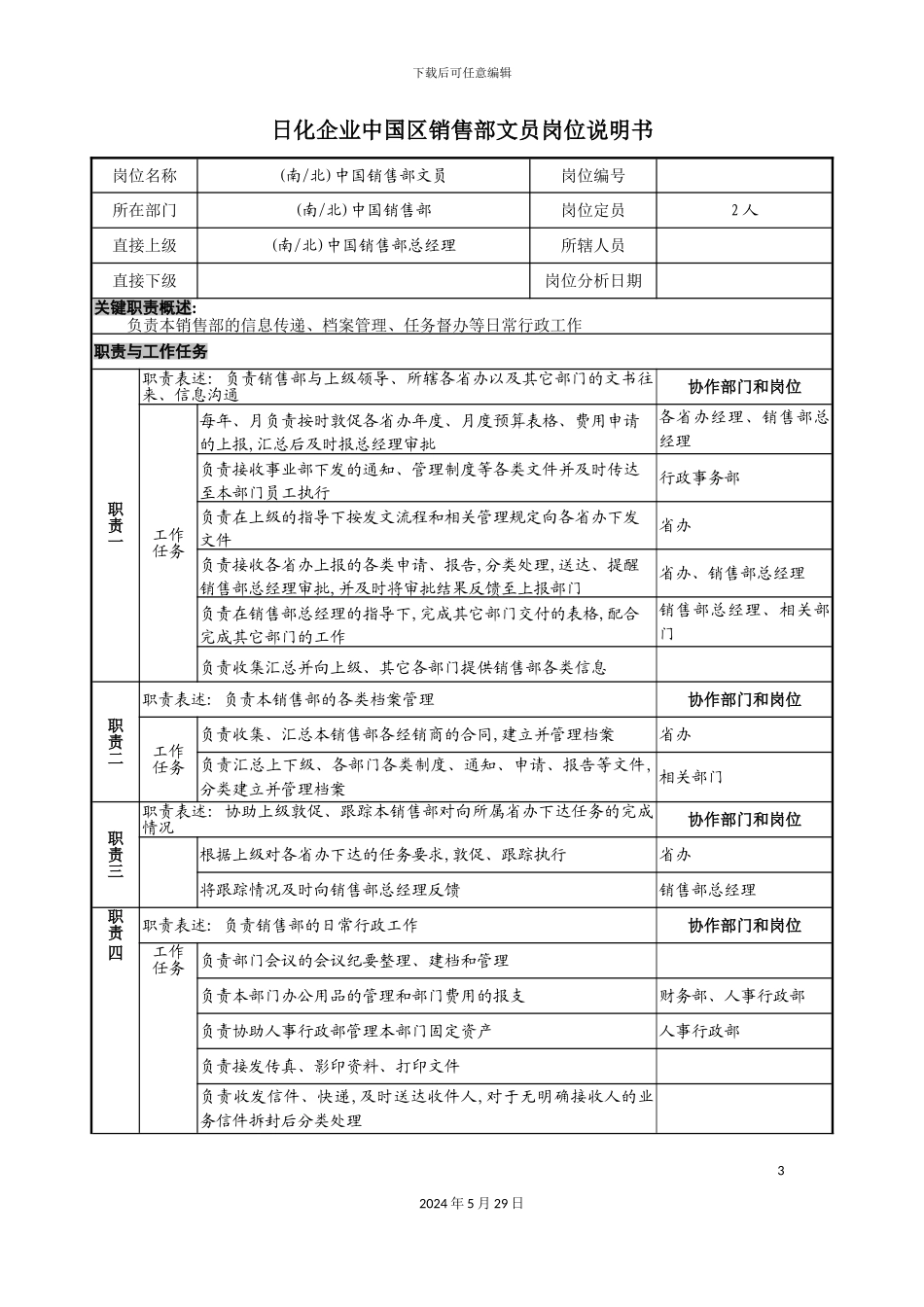 日化企业中国区销售部文员岗位说明书_第3页