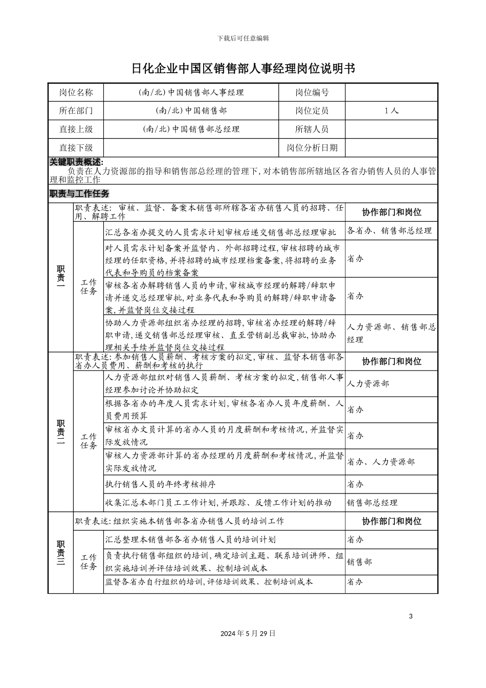 日化企业中国区销售部人事经理岗位说明书_第3页