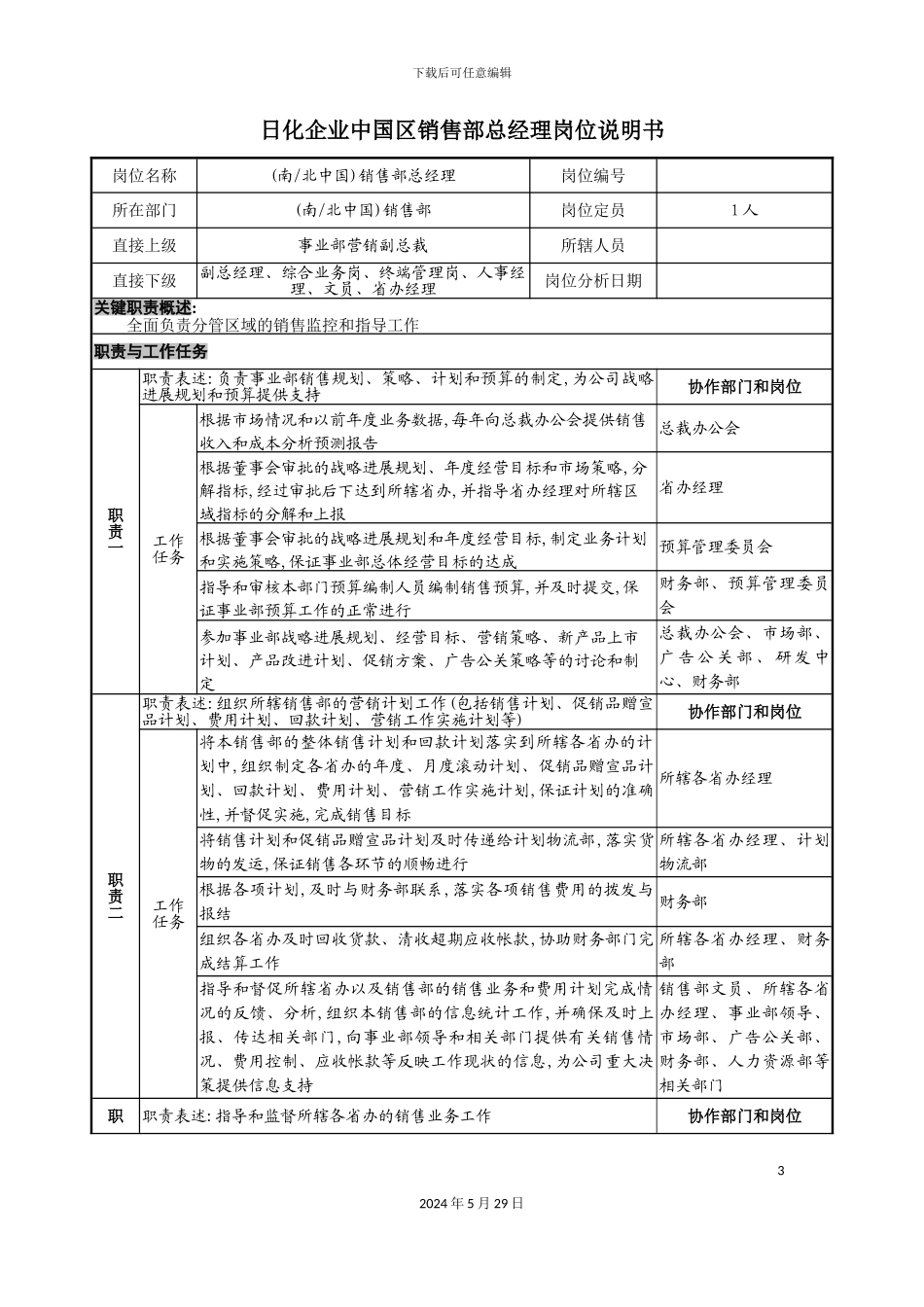日化企业中国区销售部总经理岗位说明书_第3页