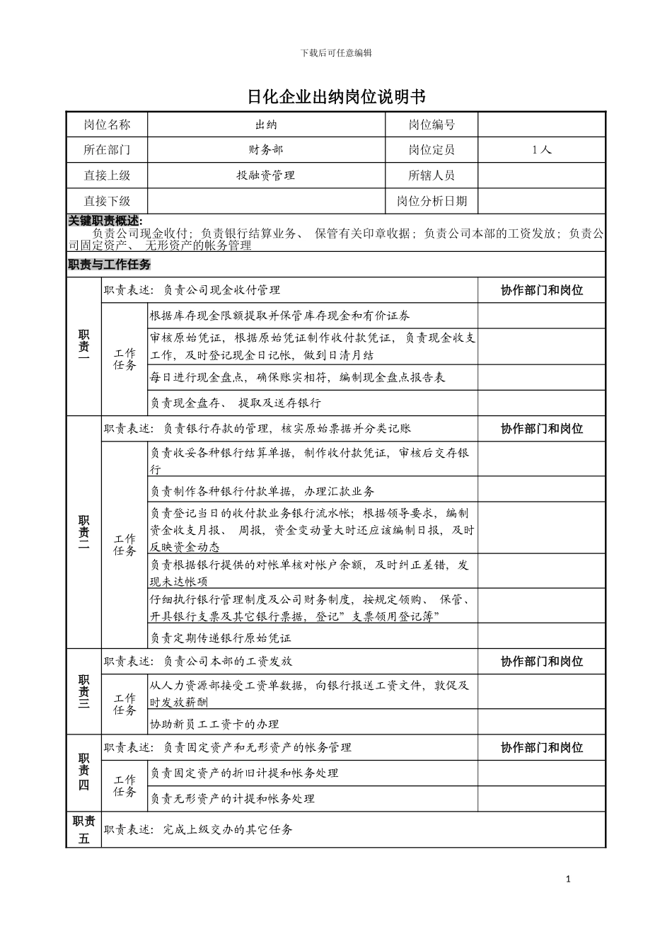 日化企业出纳岗位说明书模板_第2页