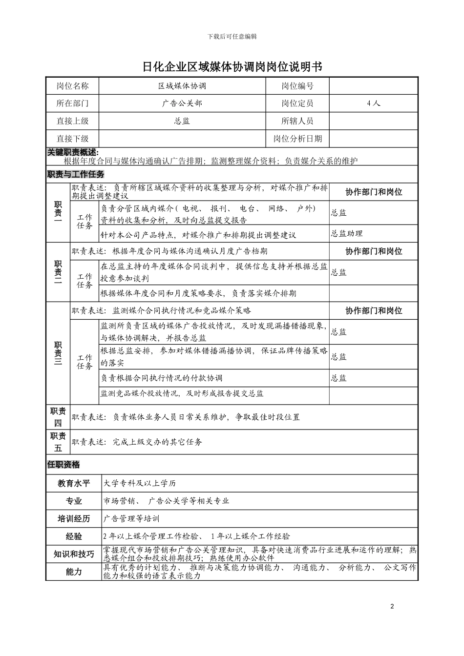 日化企业区域媒体协调岗岗位说明书模板_第2页