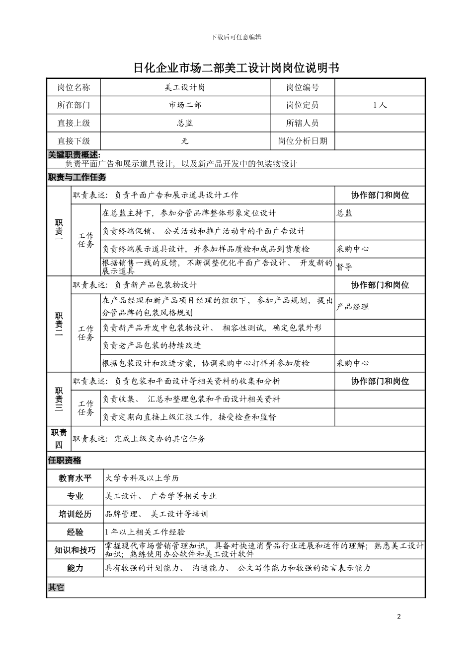 日化企业市场二部美工设计岗岗位说明书模板_第2页