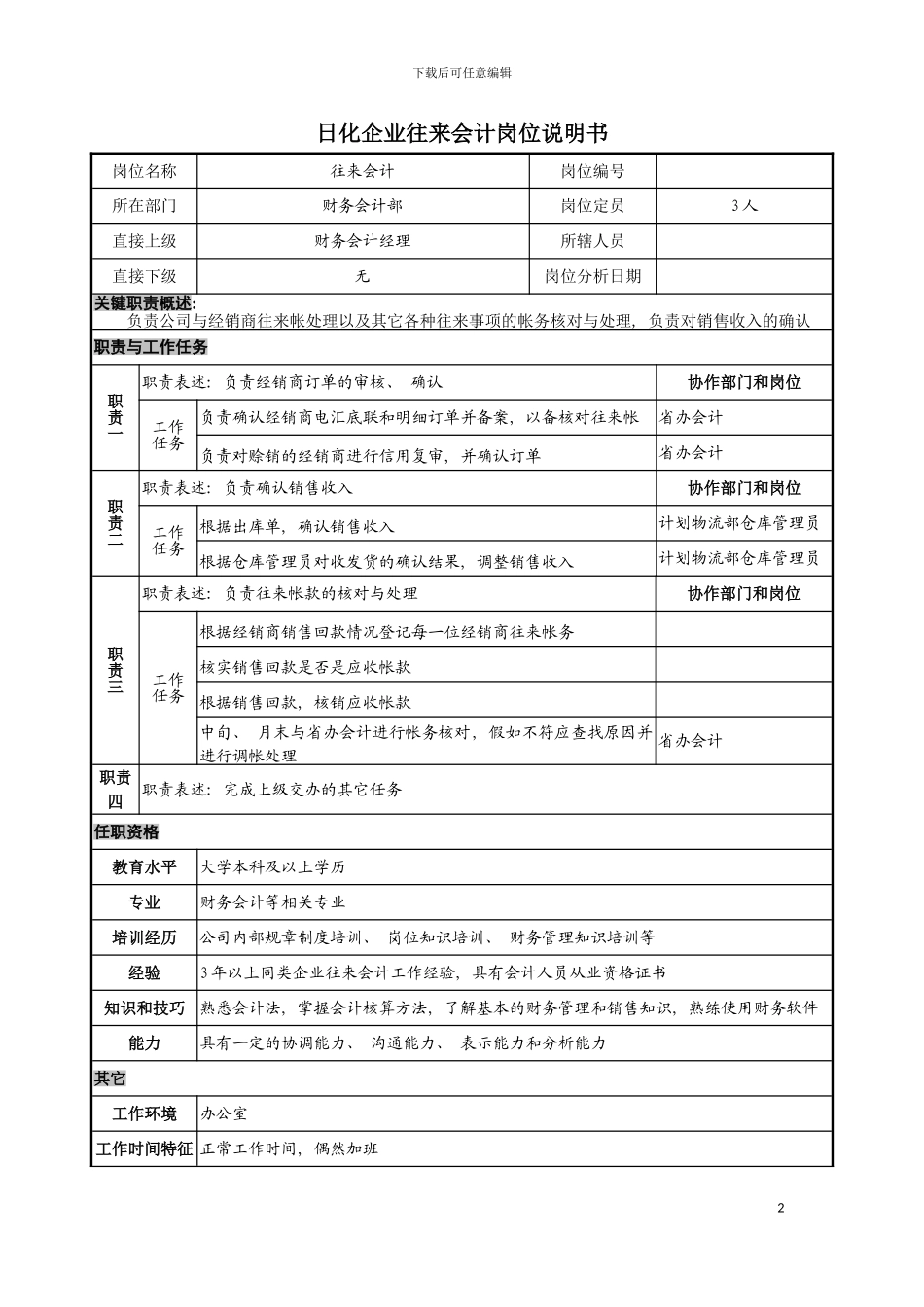 日化企业往来会计岗位说明书模板_第2页
