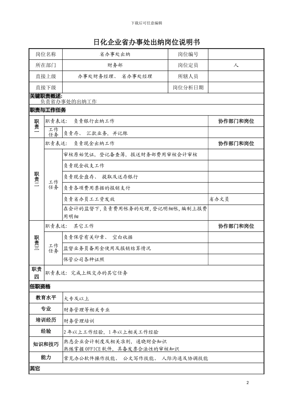 日化企业省办事处出纳岗位说明书模板_第2页