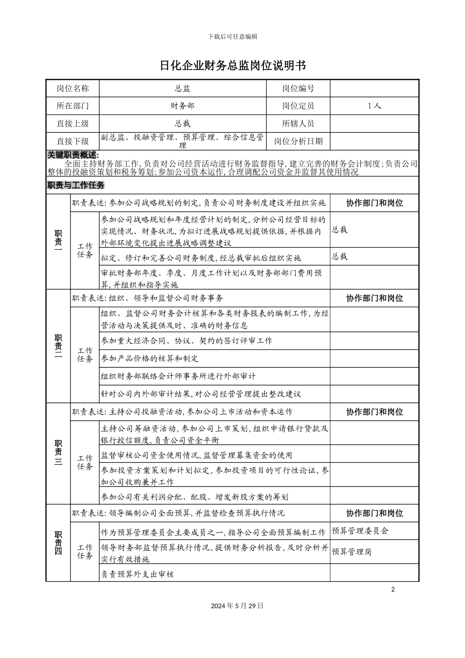 日化企业财务总监岗位说明书_第2页
