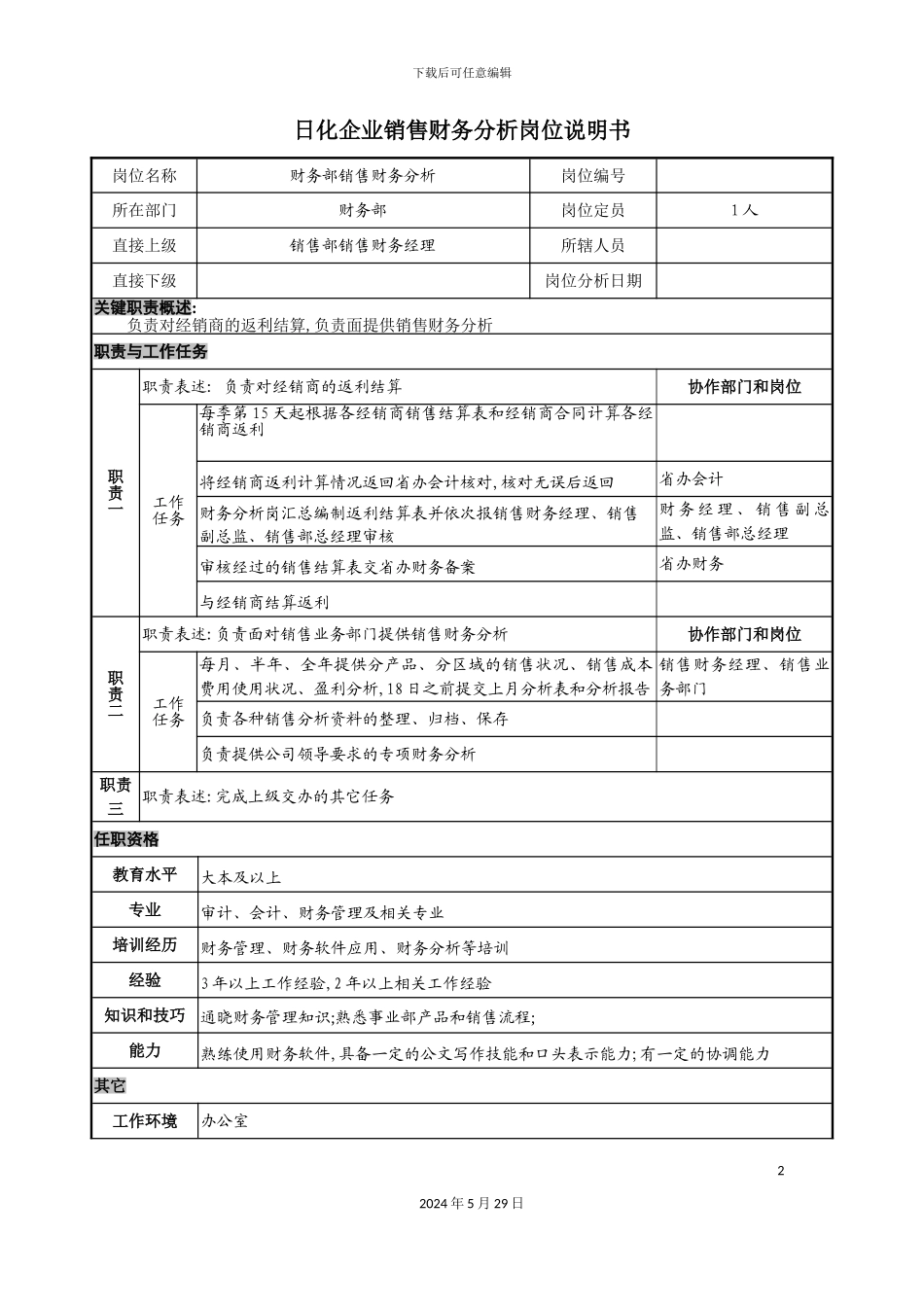日化企业销售财务分析岗位说明书_第2页