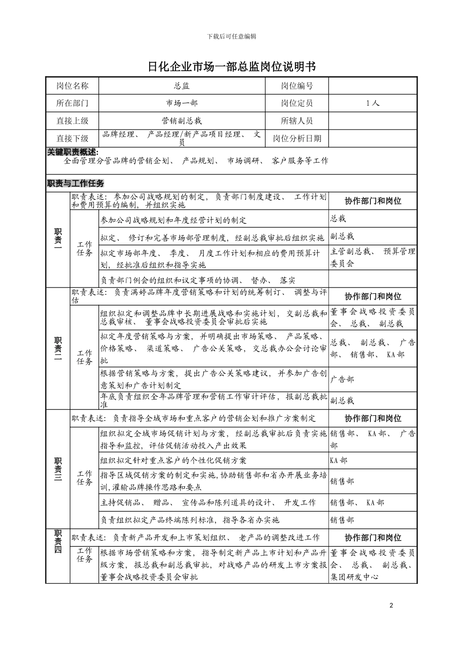 日化企业市场一部总监岗位说明书模板_第2页