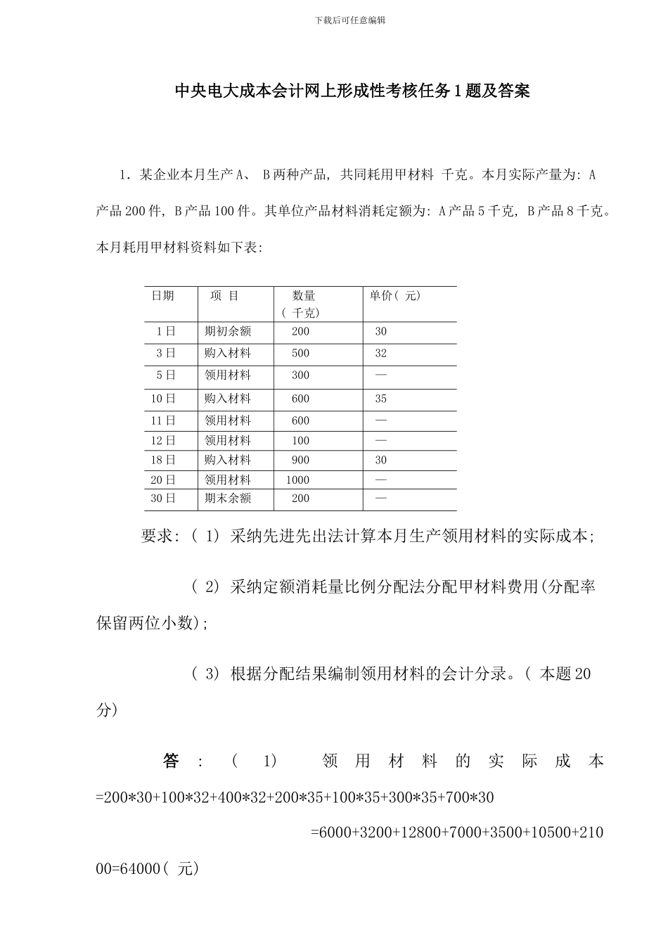 春中央电大成本会计网上形成性考核任务题及答案资料_第1页