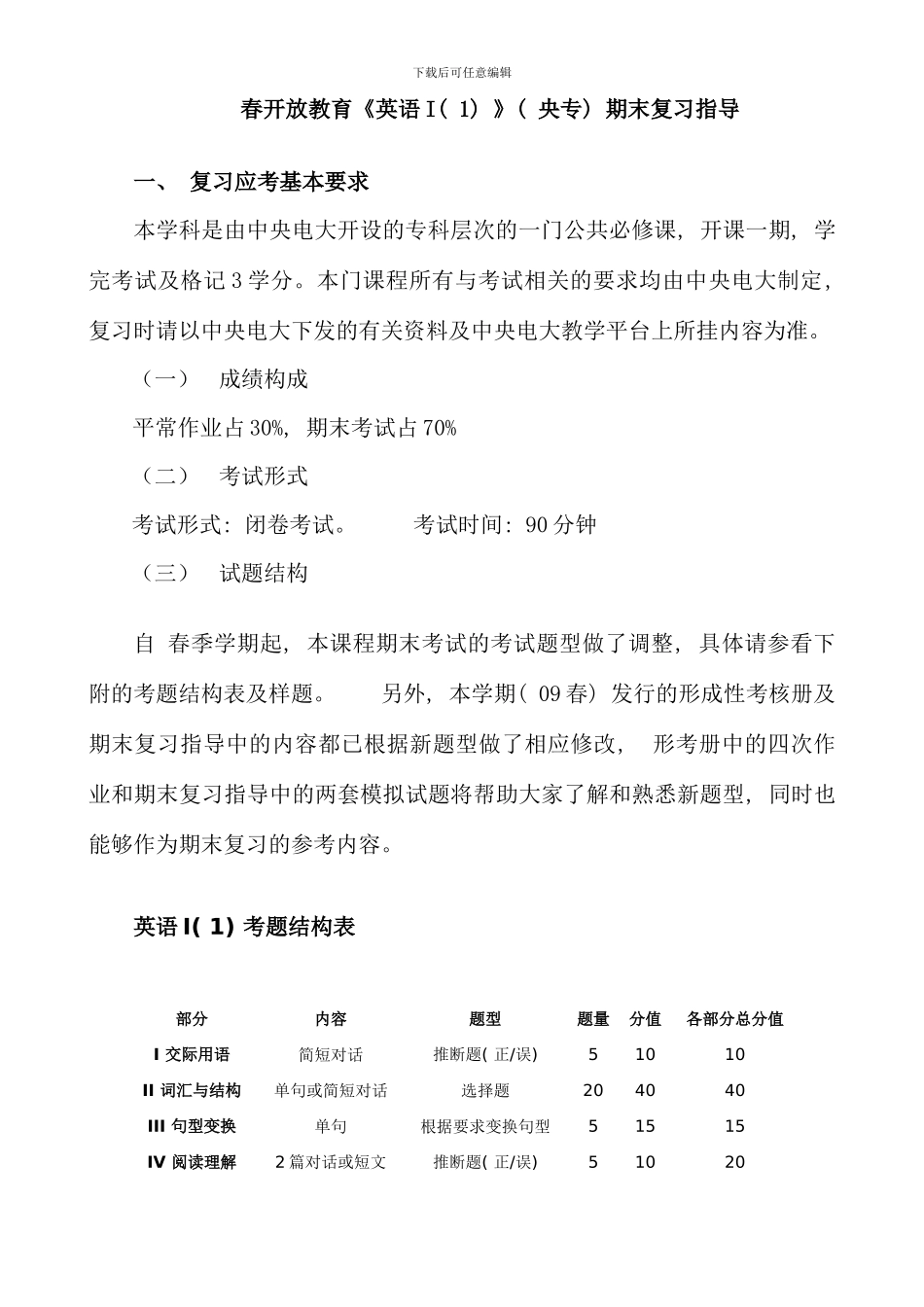 春开放教育英语I期末复习指导开放英语资料_第1页