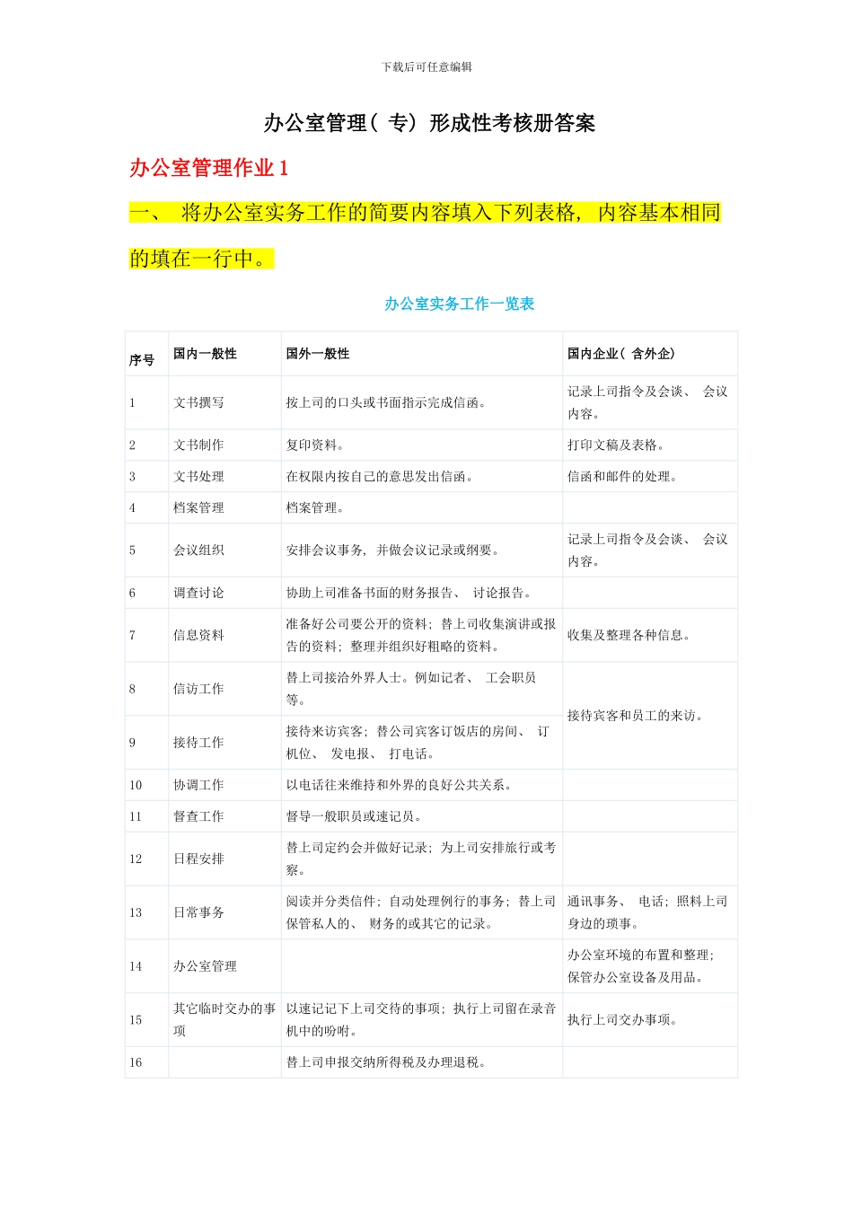 春电大办公室管理专形成性考核册答案_第1页