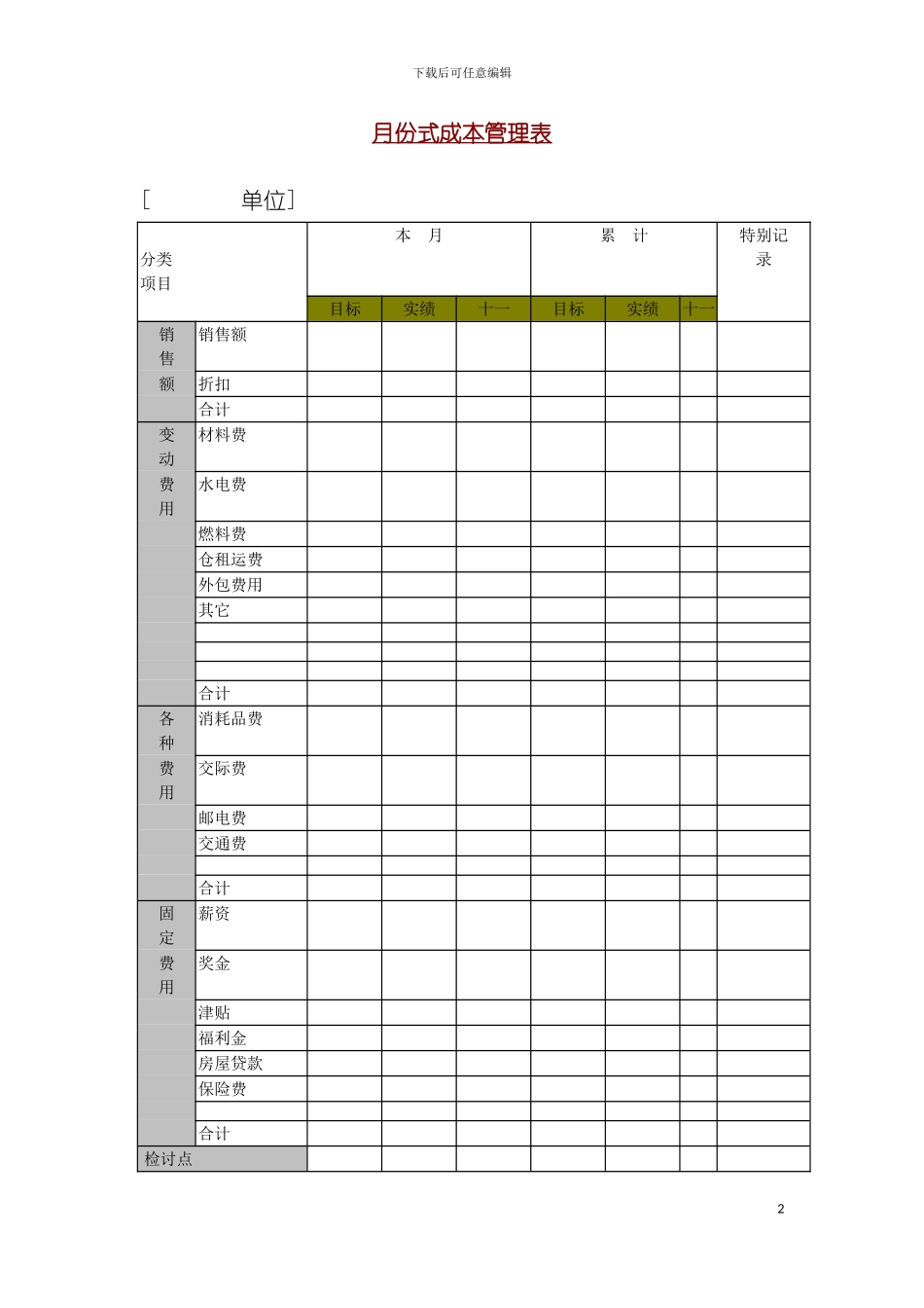 月份式成本管理表DOC模板_第2页