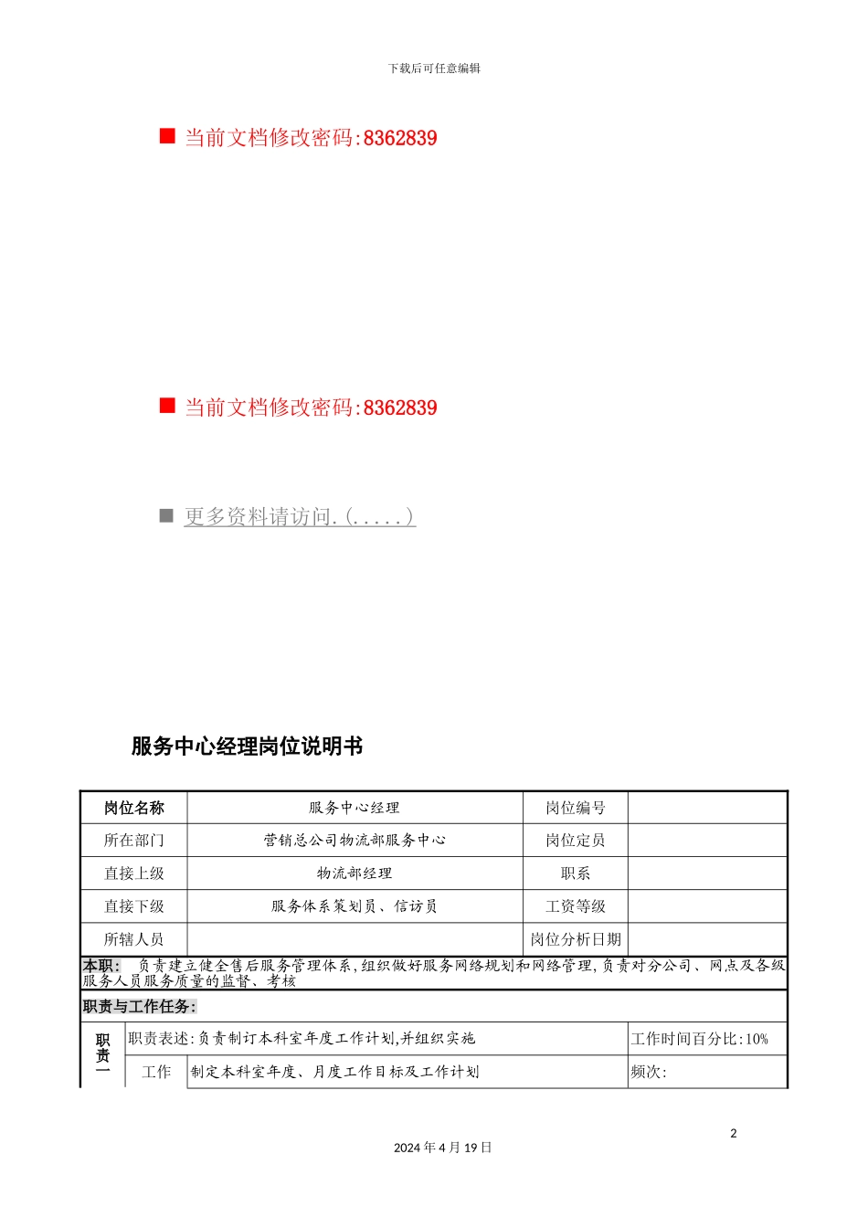 服务中心经理工作说明书_第2页