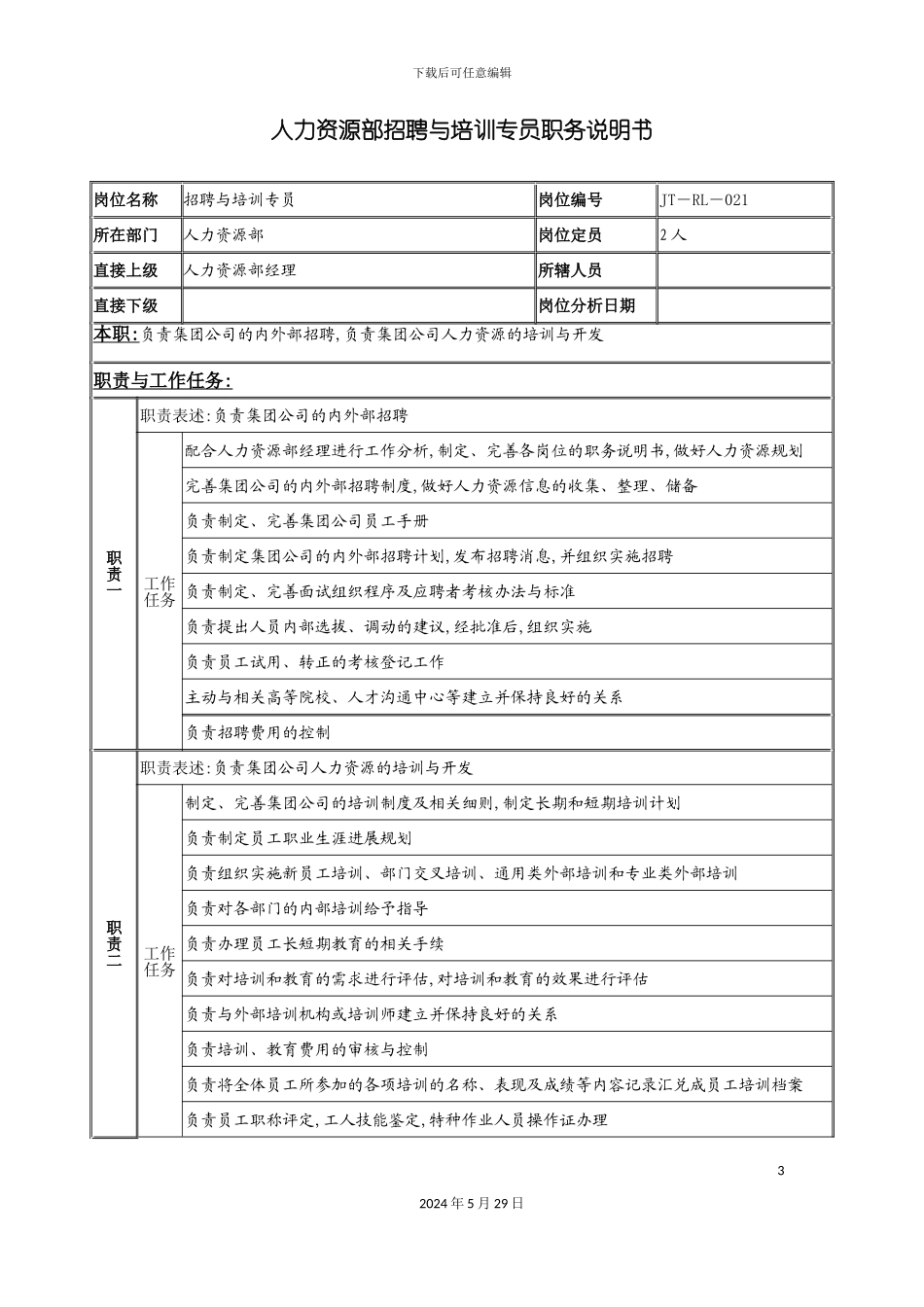 服务管理人力资源部招聘与培训专员岗位说明书_第3页