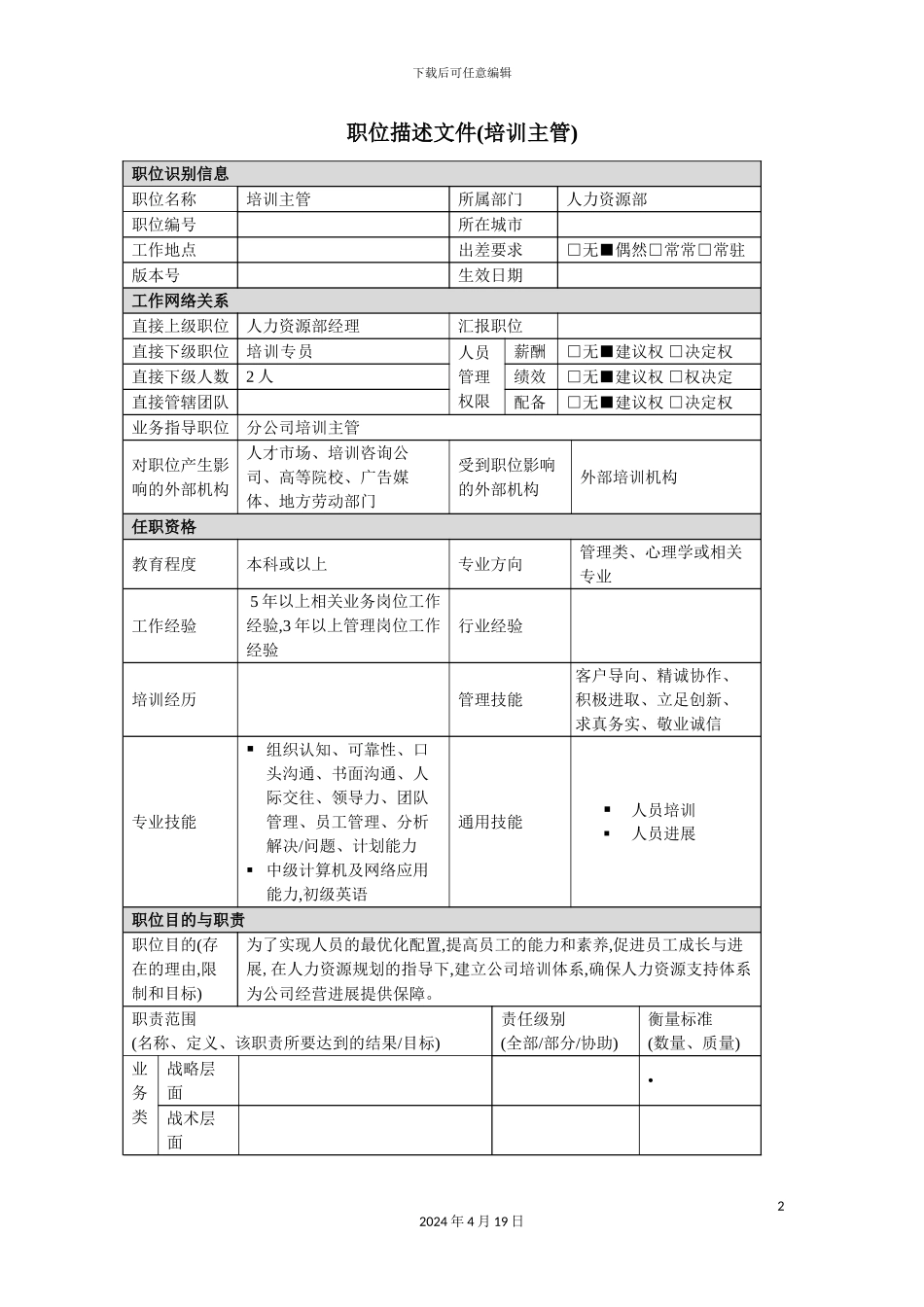 服务管理培训主管岗位说明书_第2页