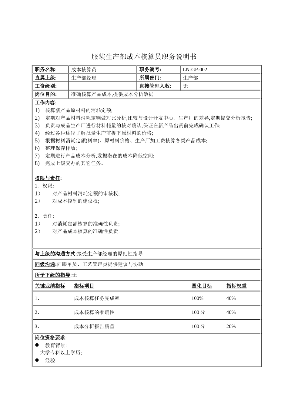 服装生产部成本核算员岗位说明书_第2页