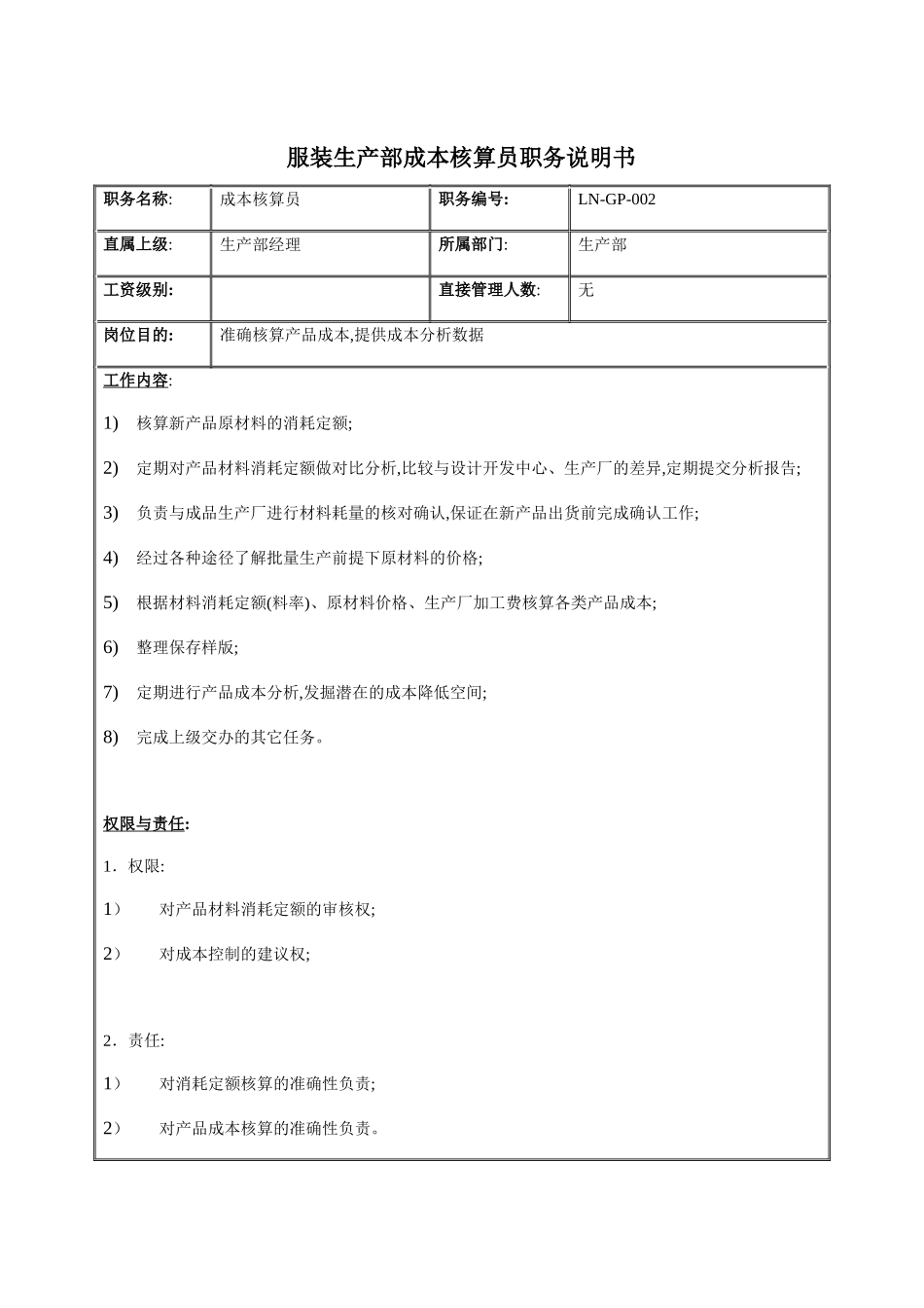 服装生产部成本核算员岗位说明书模板_第2页