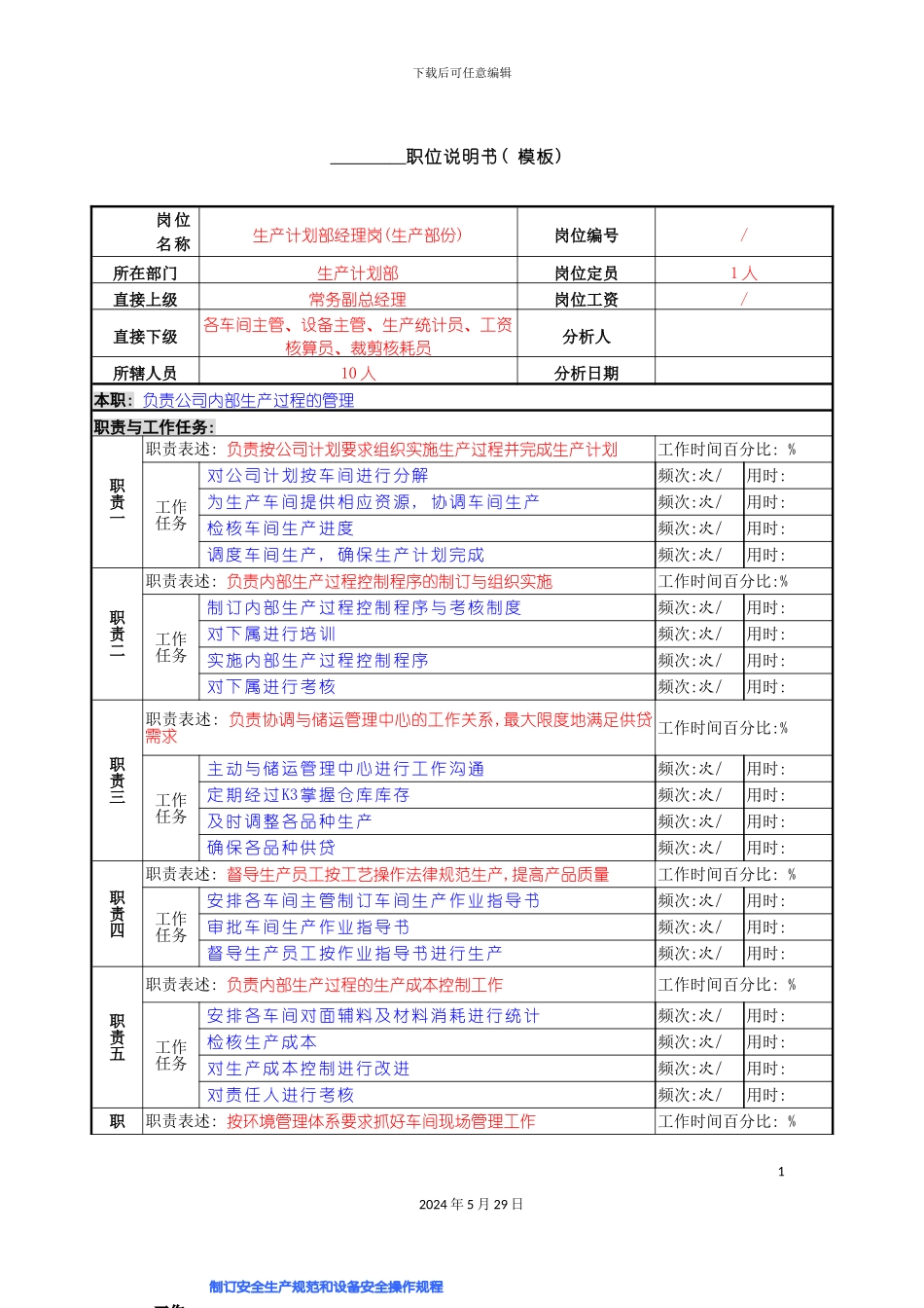 服装生产企业生产部经理职位说明书_第2页