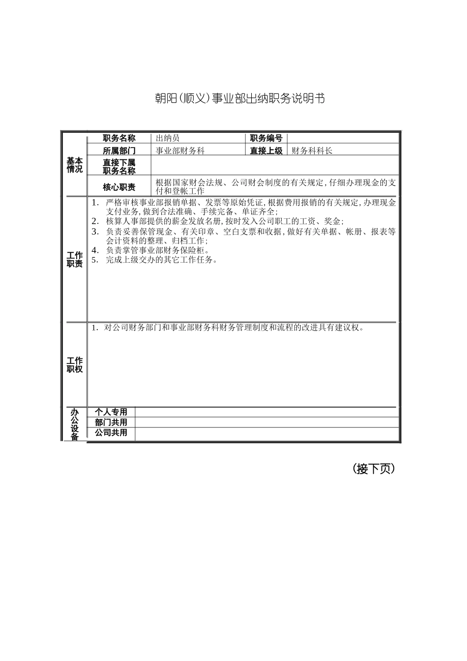 朝阳顺义事业部出纳职务说明书_第2页