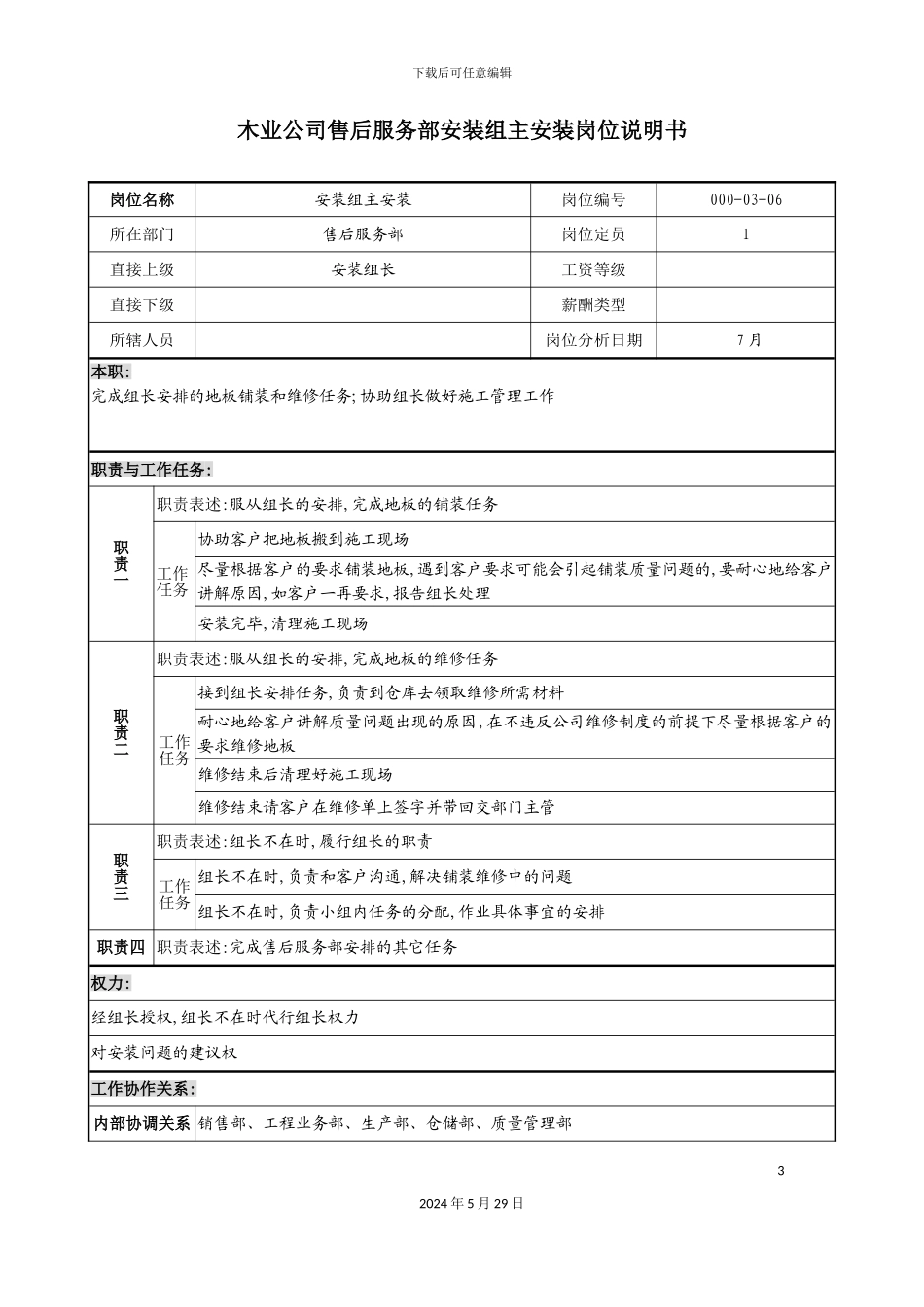 木业公司售后服务部安装组主安装岗位说明书_第3页