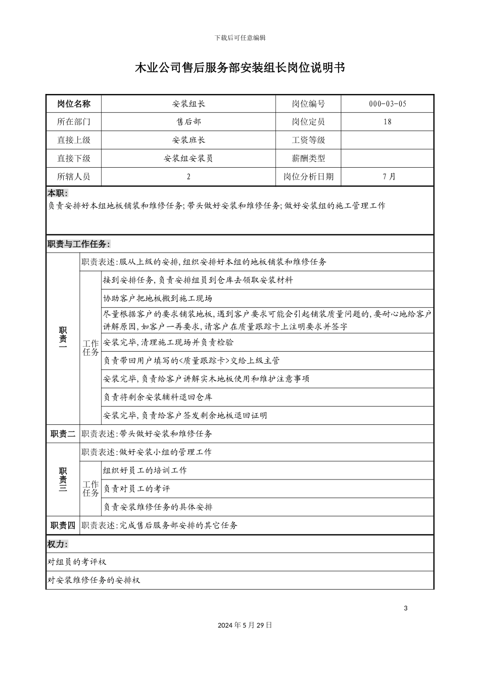 木业公司售后服务部安装组长岗位说明书_第3页