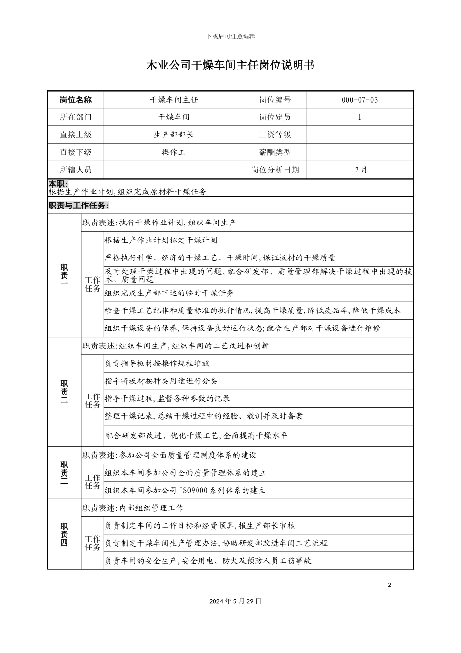 木业公司干燥车间主任岗位说明书_第2页