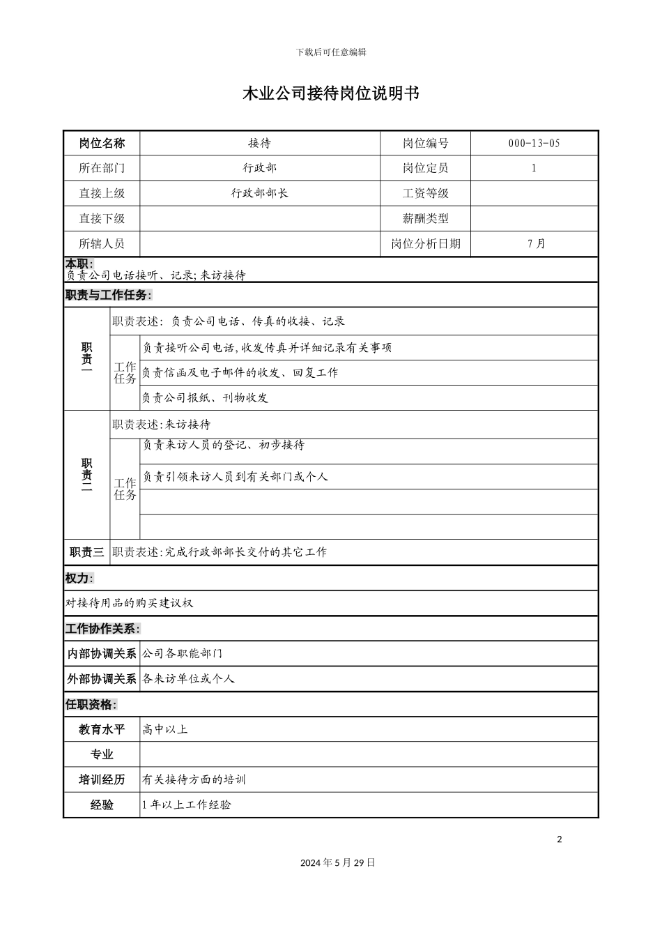 木业公司接待岗位说明书_第2页