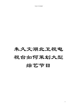 朱久文湖北卫视电视台如何策划大型综艺节目模板