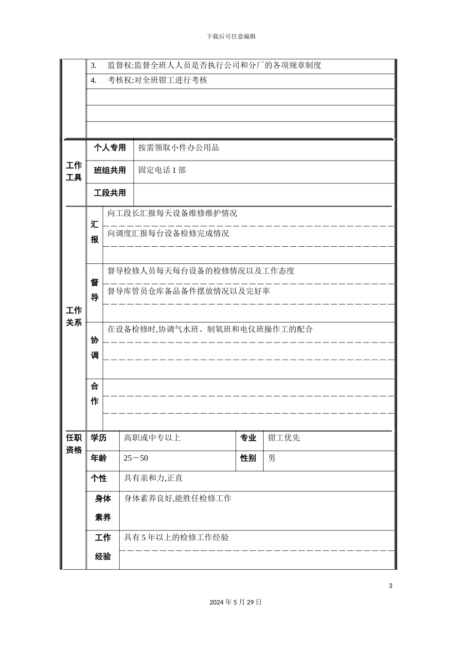 机修班长职位说明书_第3页