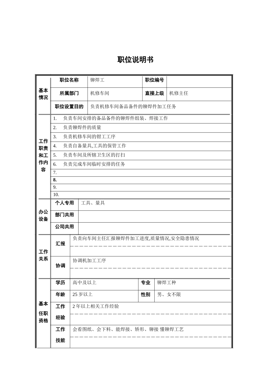 机修车间铆焊工职位说明书_第2页