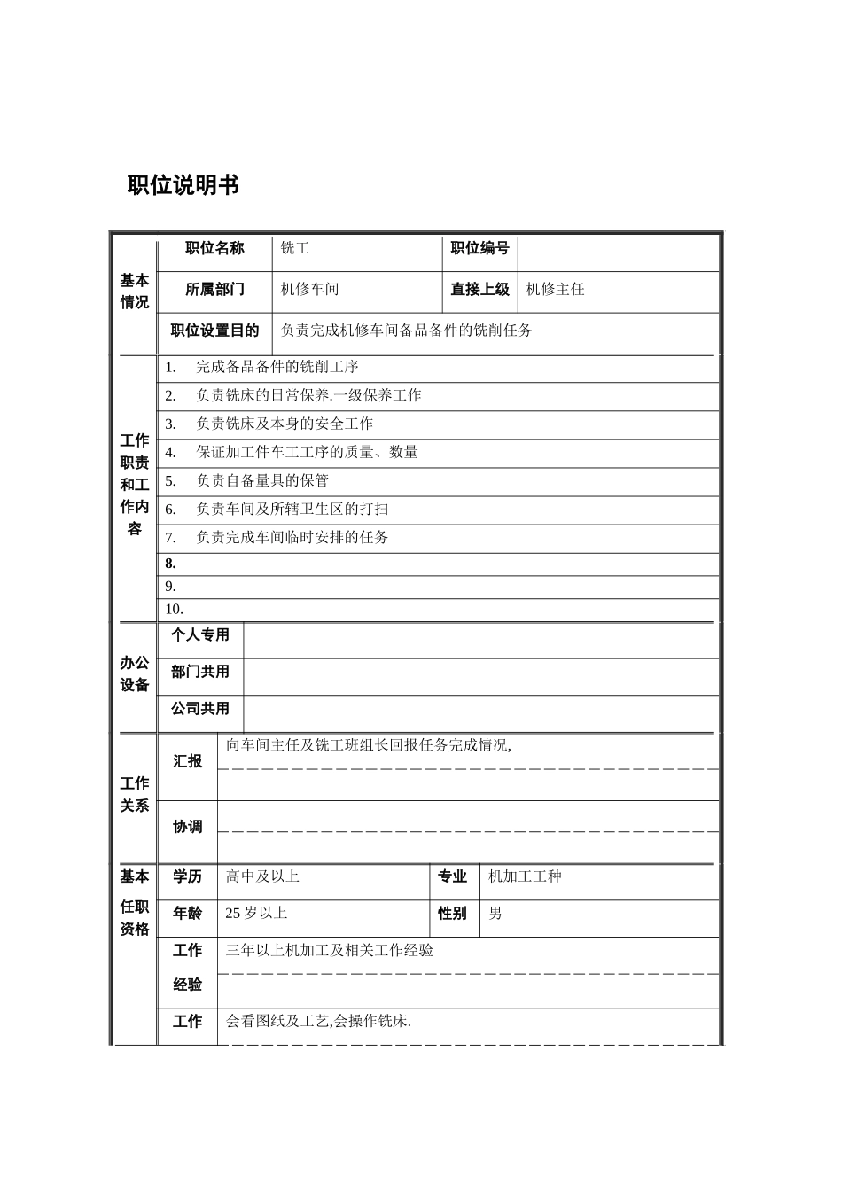 机修车间铣工职位说明书_第2页