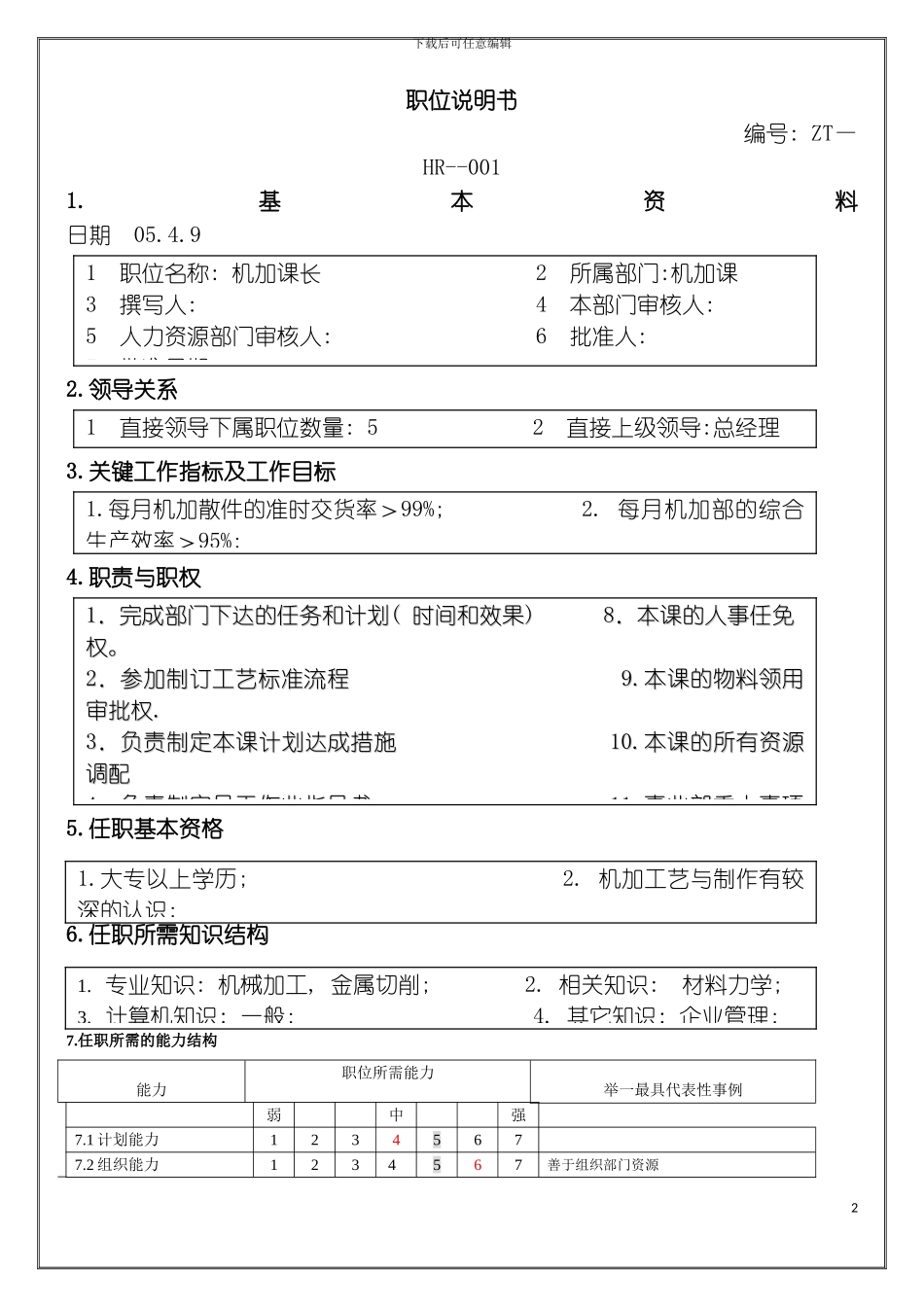 机加课长职位说明模板_第2页