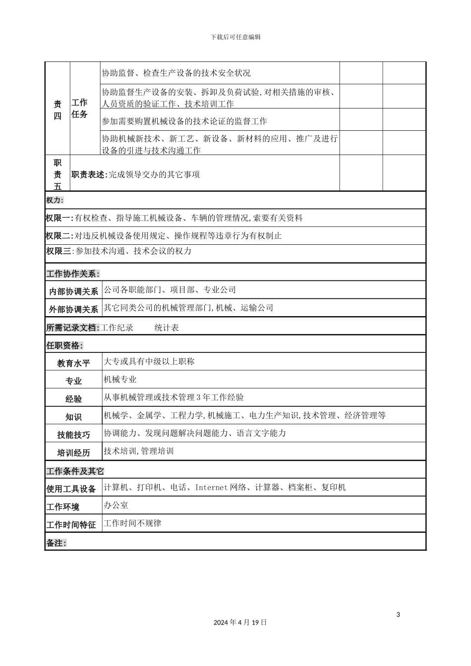 机械管理员岗位说明书_第3页