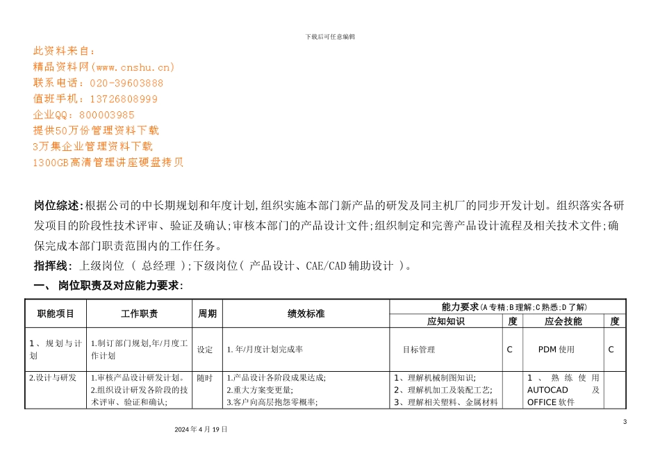 机械设计部经理岗位说明书_第3页