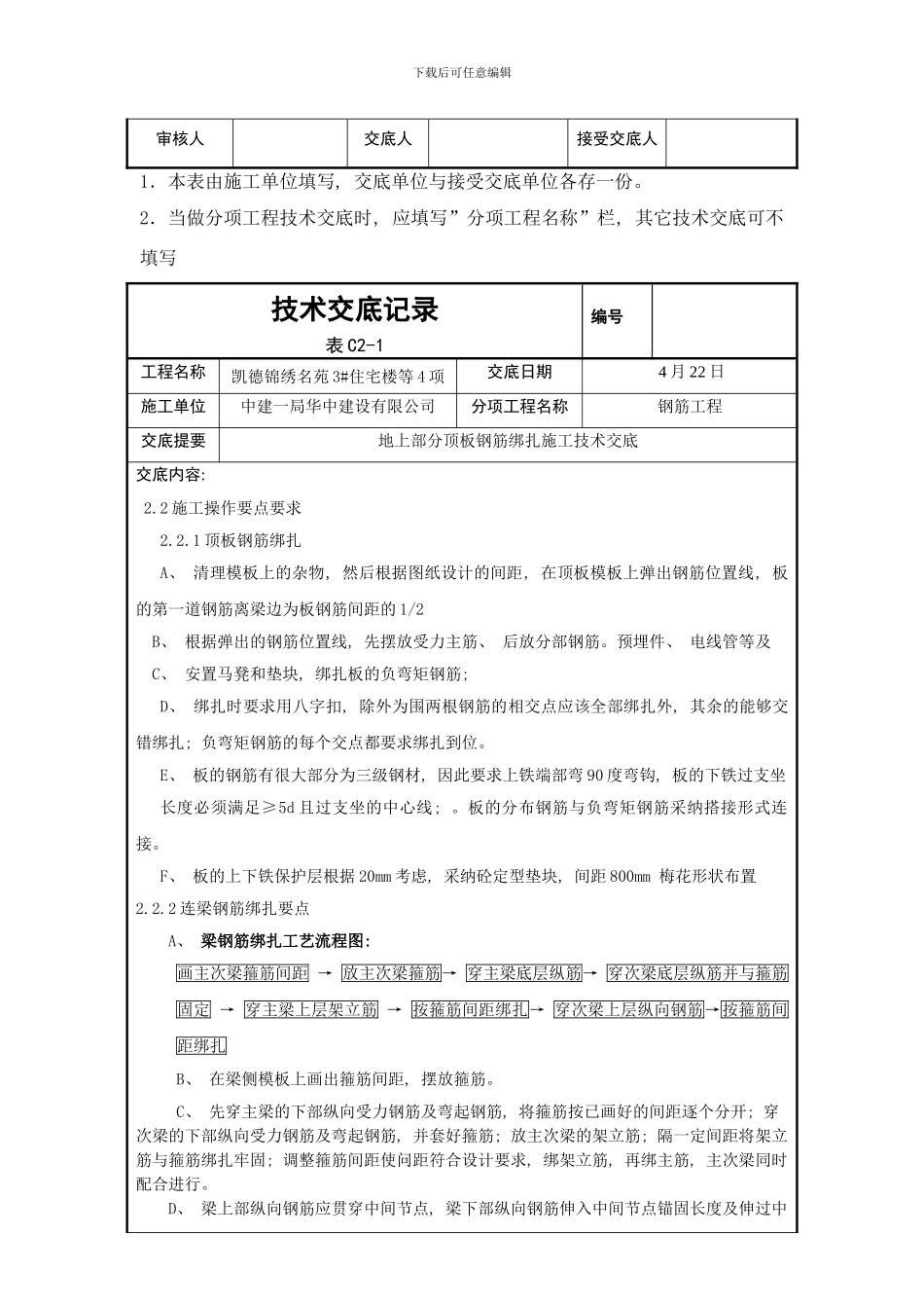 楼地上部分顶板钢筋绑扎技术交底样本_第2页