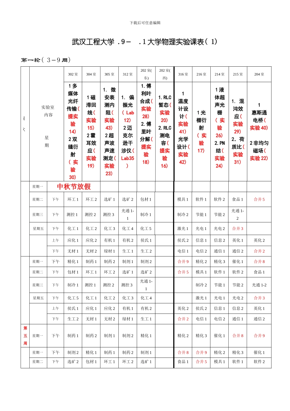 武汉工程大学物理实验课表模板_第1页