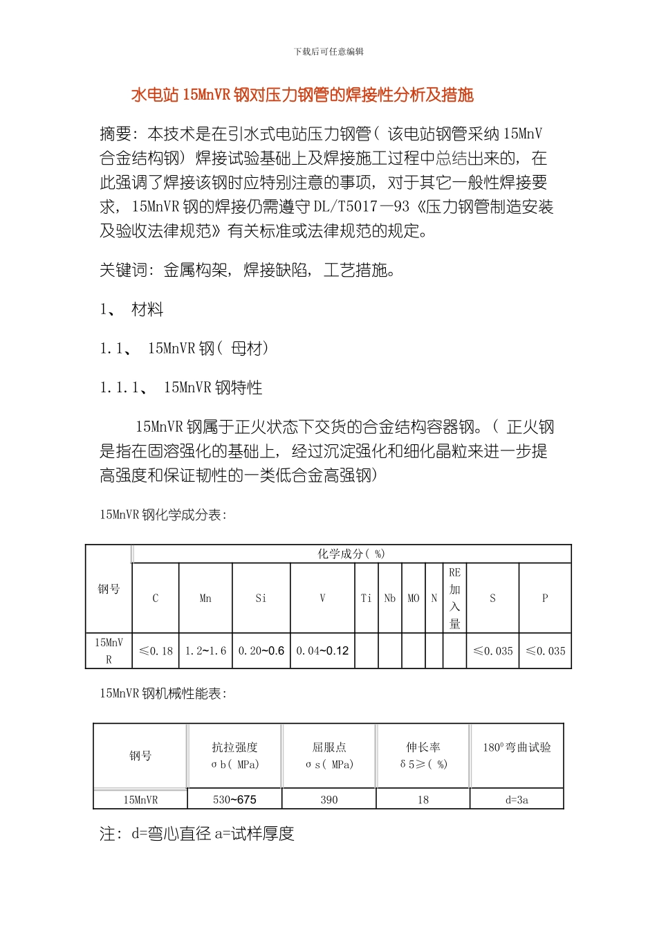 水电站15MnVR钢对压力钢管的焊接性分析及措施模板_第1页