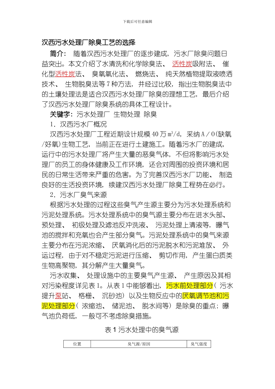汉西污水处理厂除臭工艺的选择模板_第1页