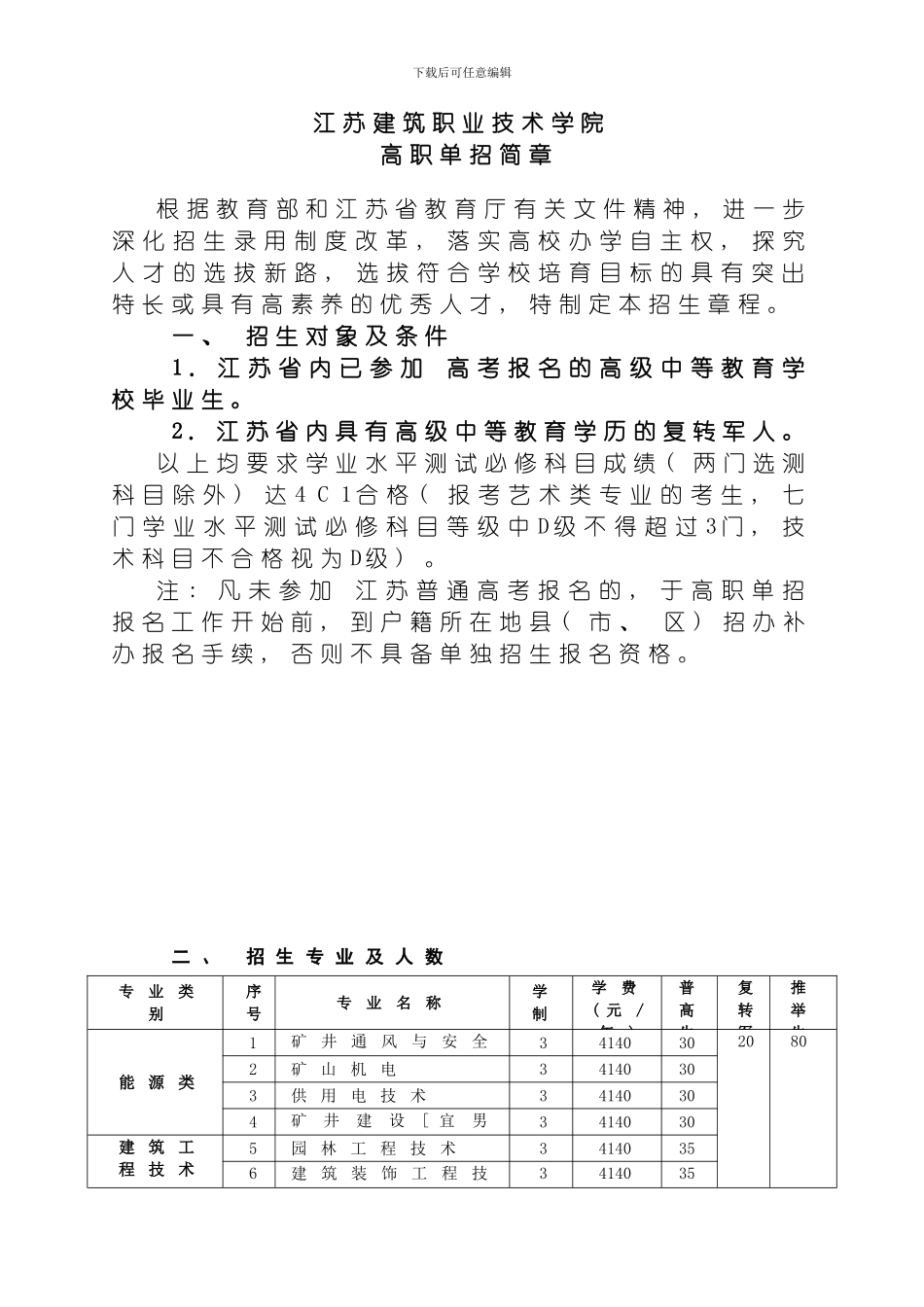 江苏建筑职业技术学院高职单招简章模板_第1页