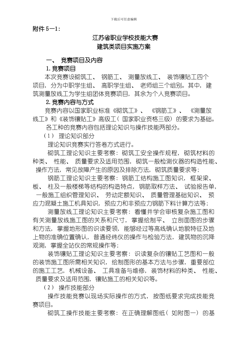 江苏省职业学校技能大赛建筑类项目实施方案模板_第1页