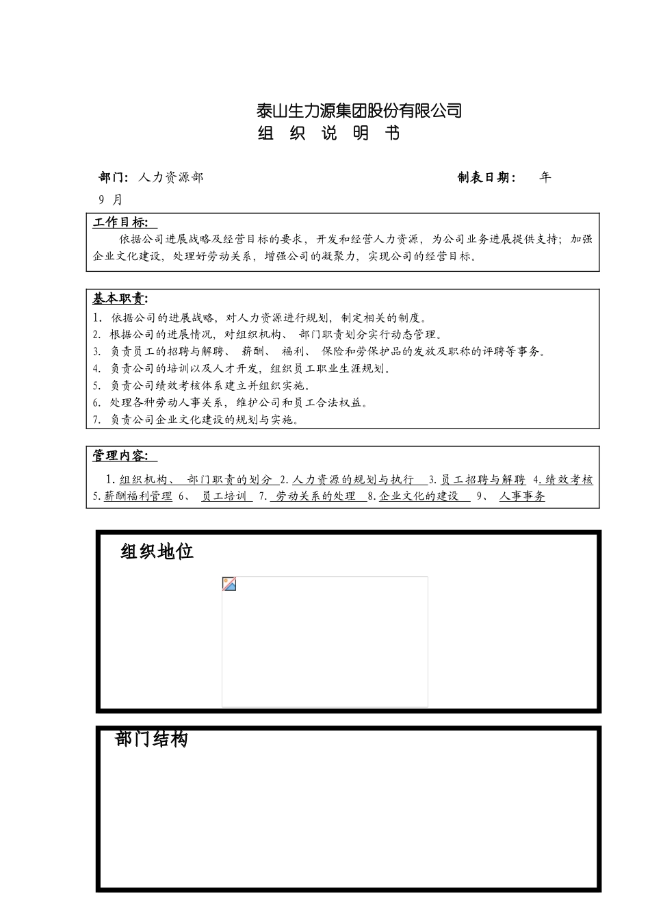 泰山生力源集团股份有限公司人力资源部组织说明书模板_第2页