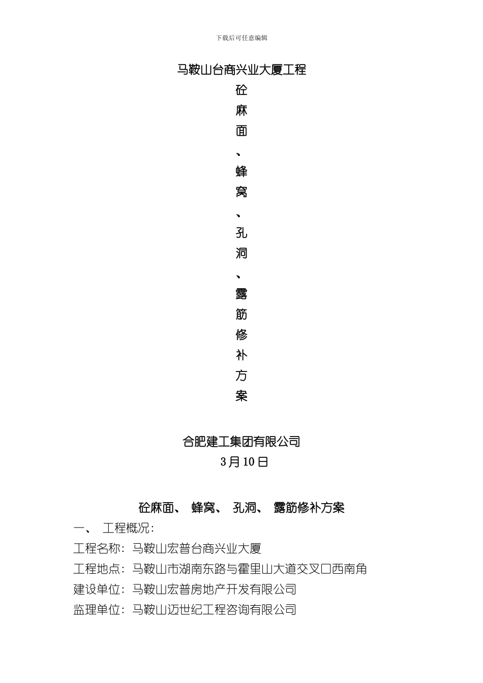 混凝土蜂窝麻面孔洞露筋修补方案样本_第1页