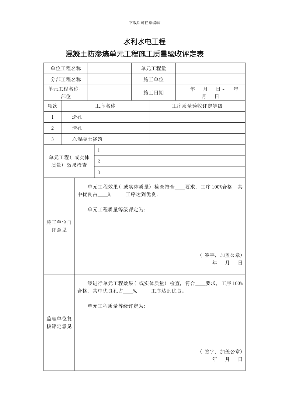 混凝土防渗墙单元工程施工质量验收评定表样本_第2页