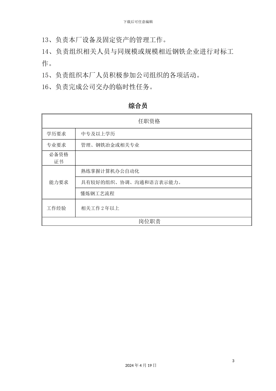 炼钢厂部门、岗位职责说明书_第3页